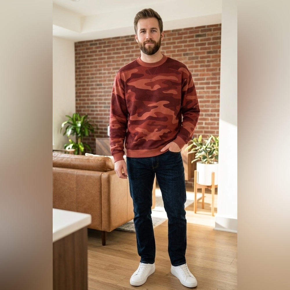 NWT DSG Men's Red Camo Long Sleeve Crewneck Sweatshirt, Size Large